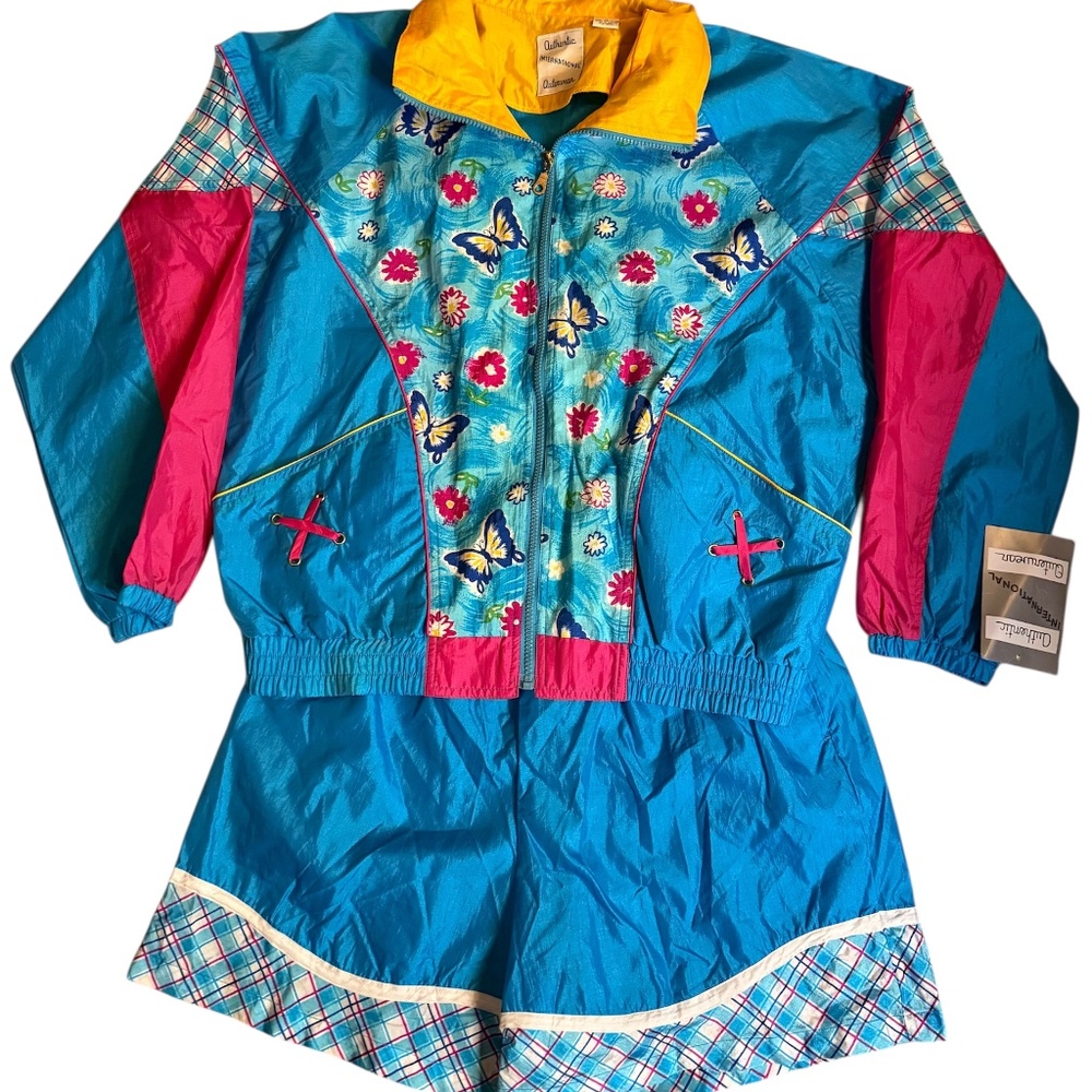 NWT Vintage 90s Floral Butterfly Windbreaker Track Set Blue Pink Size L